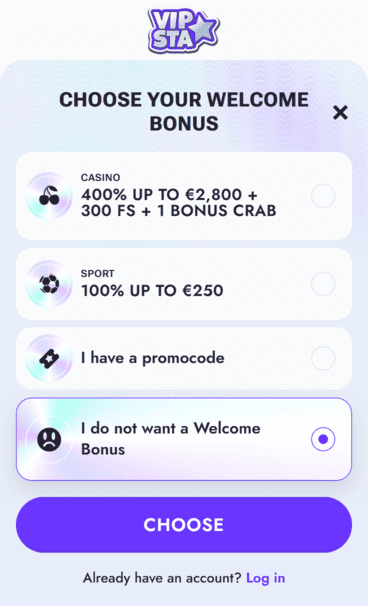 Vipsta Casino Promo Screenshot