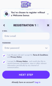 Vipsta Casino Registration screenshot
