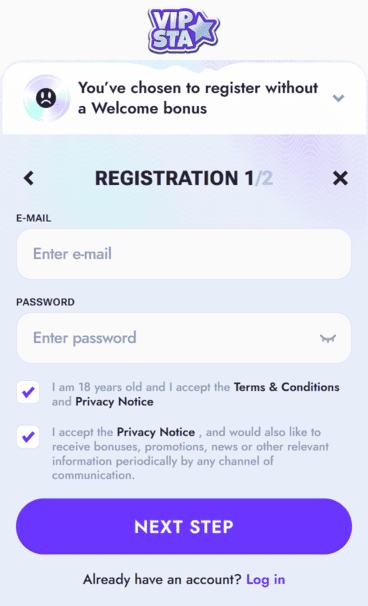 Vipsta Casino Registration screenshot