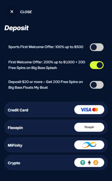 BetBeast Casino deposit screenshot