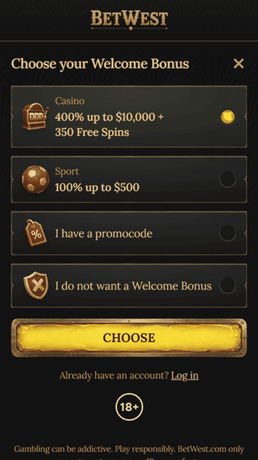 BetWest Casino Initial Screen