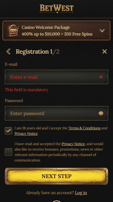 BetWest Casino Registration Screen
