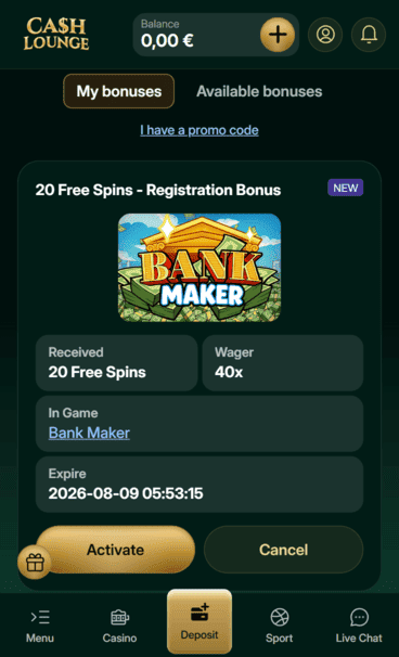 CashLounge Casino promo screenshot