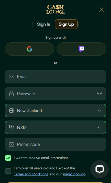 CashLounge Casino Registration screenshot