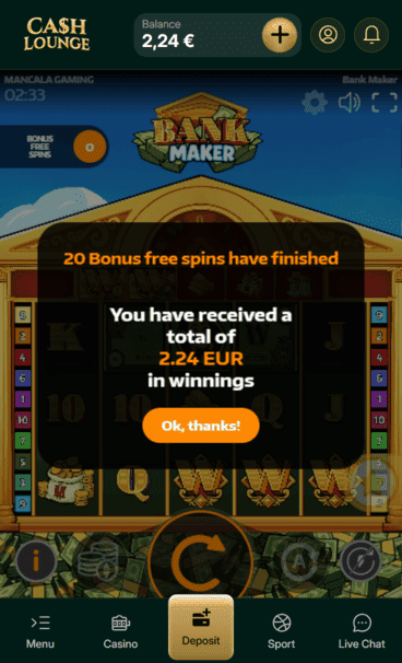CashLounge Casino win screenshot