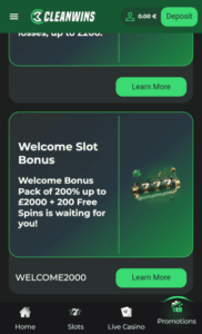 Cleawins casino Welcome Bonus screenshot