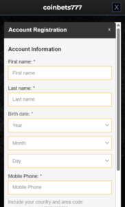Coinbets777 Casino account screenshot