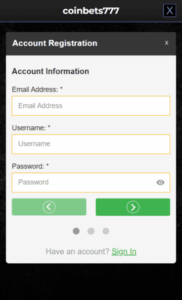 Coinbets777 Casino Sign up screenshot