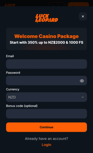 LuckLeopard Casino Registration Screenshot