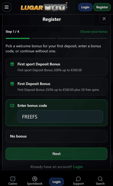 Lugarbet Casino promo code screenshot