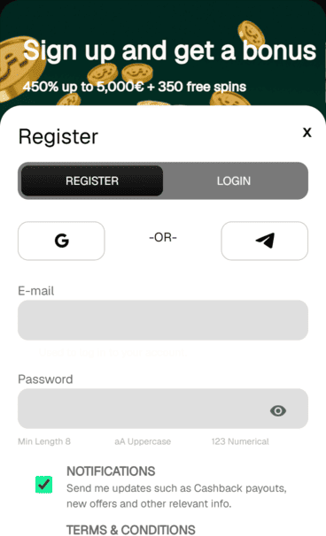 USpin.me casino registration screenshot