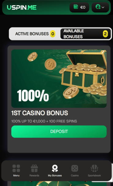 USpin.me casino welcome bonus screenshot
