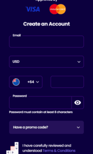 Wazbee Casino registration screenshot
