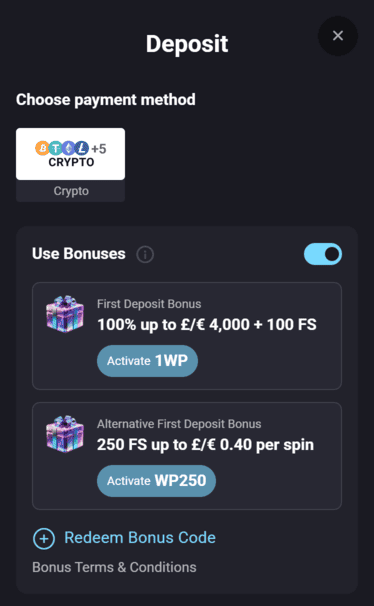 Winplace Casino welcome bonus screenshot