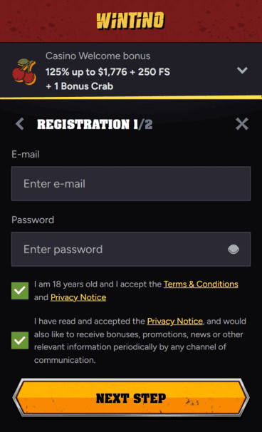 Wintino Casino registration Screenshot