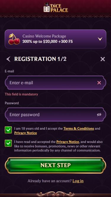 DicePalace Casino Registration
