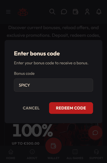 KnuckleKings Casino promo code screenshot