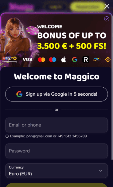 Maggico Casino registration screenshot