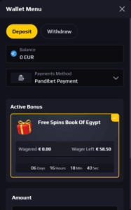 pandibet casino banking screenshot