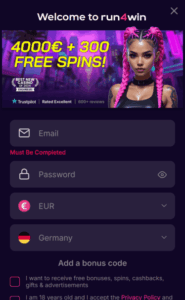 Run4Win Casino registration screenshot