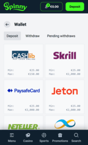 SpinnyCasino deposit screenshot