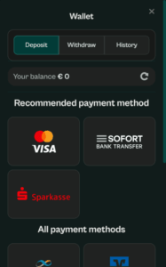 spinzen casino banking screenshot
