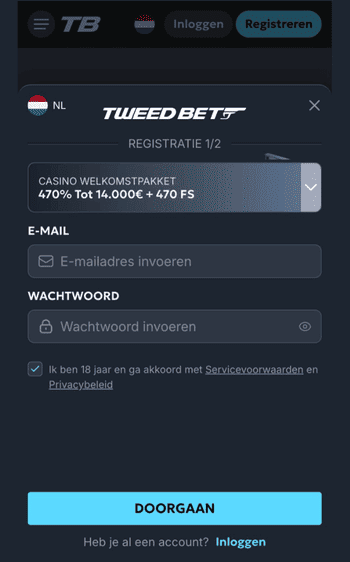tweedbet casino reg screenshot