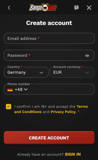 Bangawin Casino signup screenshot