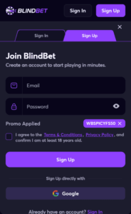 BlindBet Casino signup screenshot