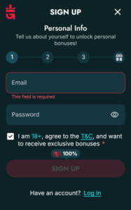 gluckbet casino reg screenshot