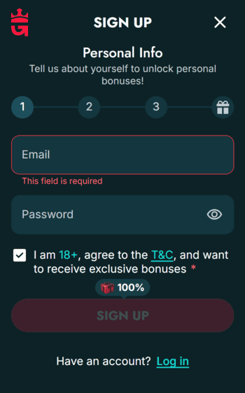 gluckbet casino reg screenshot