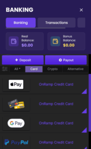 Lunaris casino deposit screenshot