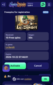 spindjinn casino claim screenshot