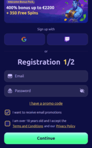 spindjinn casino reg screenshot