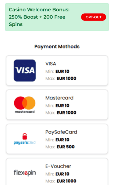 Spinimax Casino deposit screenshot