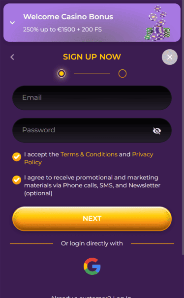Spinimax Casino registration screenshot